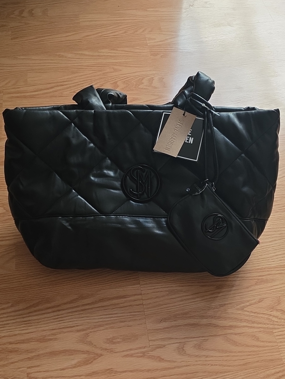 Steve Madden Black Quilted Bpaddy Tote with Matching Pouch